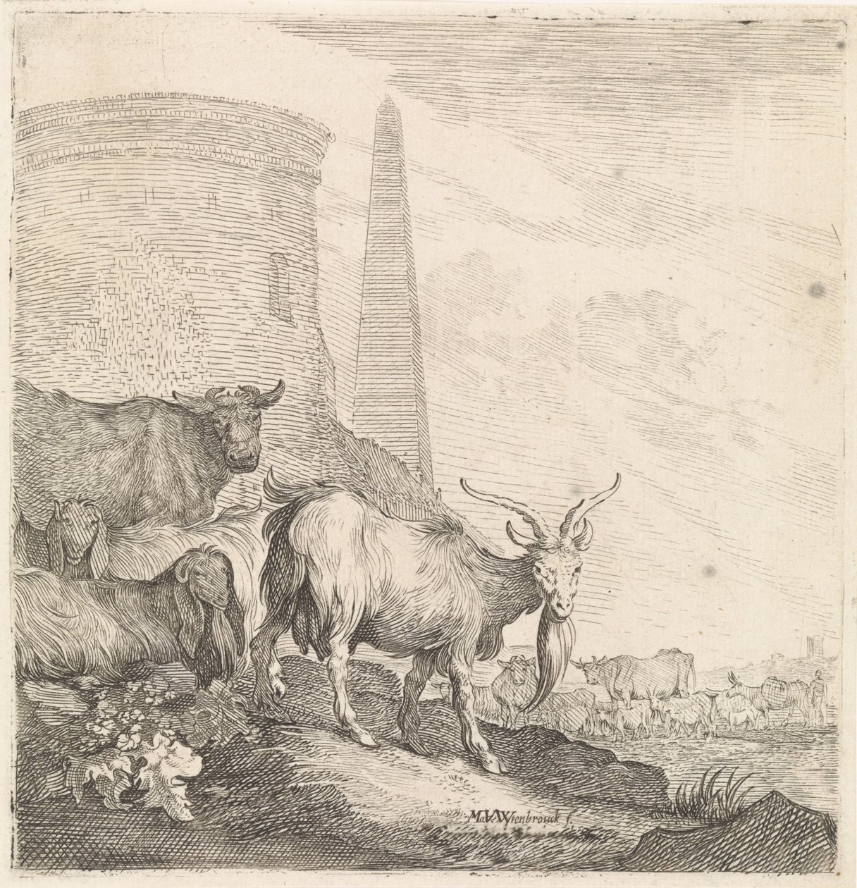 Geiter og kyr ved et rundt tårn med en obelisk Firbeinte dyr (serietittel) av Moyses van Wtenbrouck