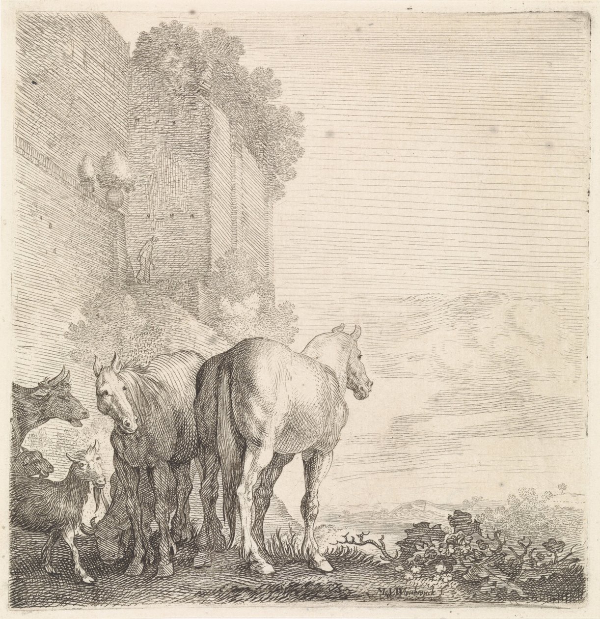 To hester med geiter og en ku ved en høy (by)mur Firbeinte dyr (serietittel) av Moyses van Wtenbrouck