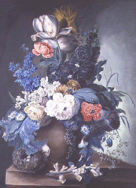 Gruppe av blomster i en krukke og fuglerede av Mrs.Margaret Meen