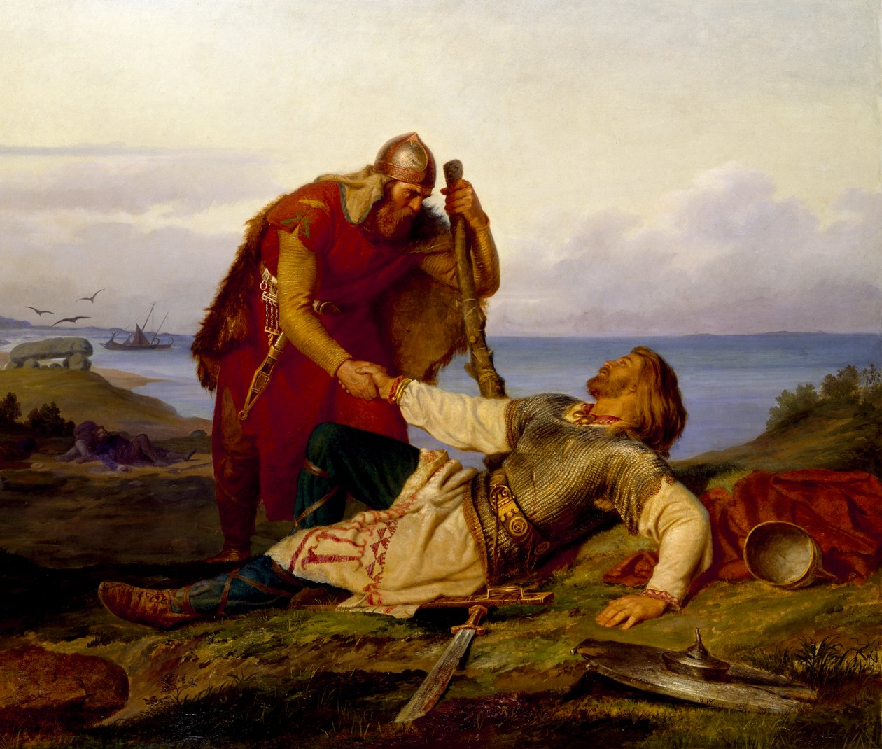 Hjalmar tar farvel med Örvar-Oddr etter slaget ved Samsø, 1866. av Mårten Eskil Winge