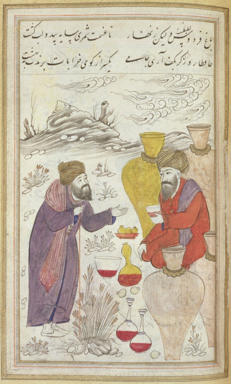 En mann som lener seg på en pinne snakker med en mann omgitt av store krukker, vinflasker står foran ham, fra Divan of Hafiz, ca. 1650 av Mughal School