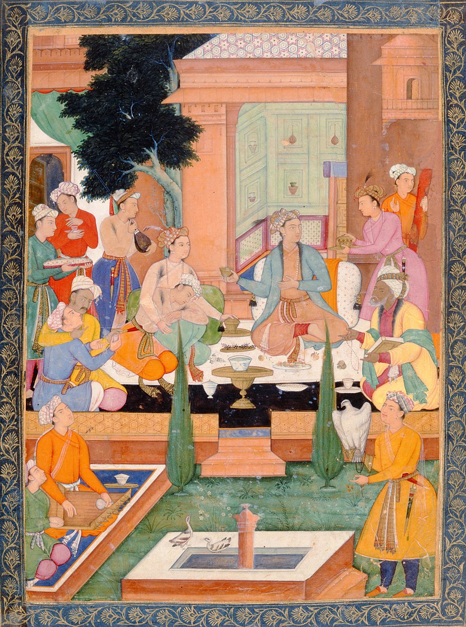En prins og ledsagere tar forfriskninger og hører på musikk fra Small Clive Album av Mughal School