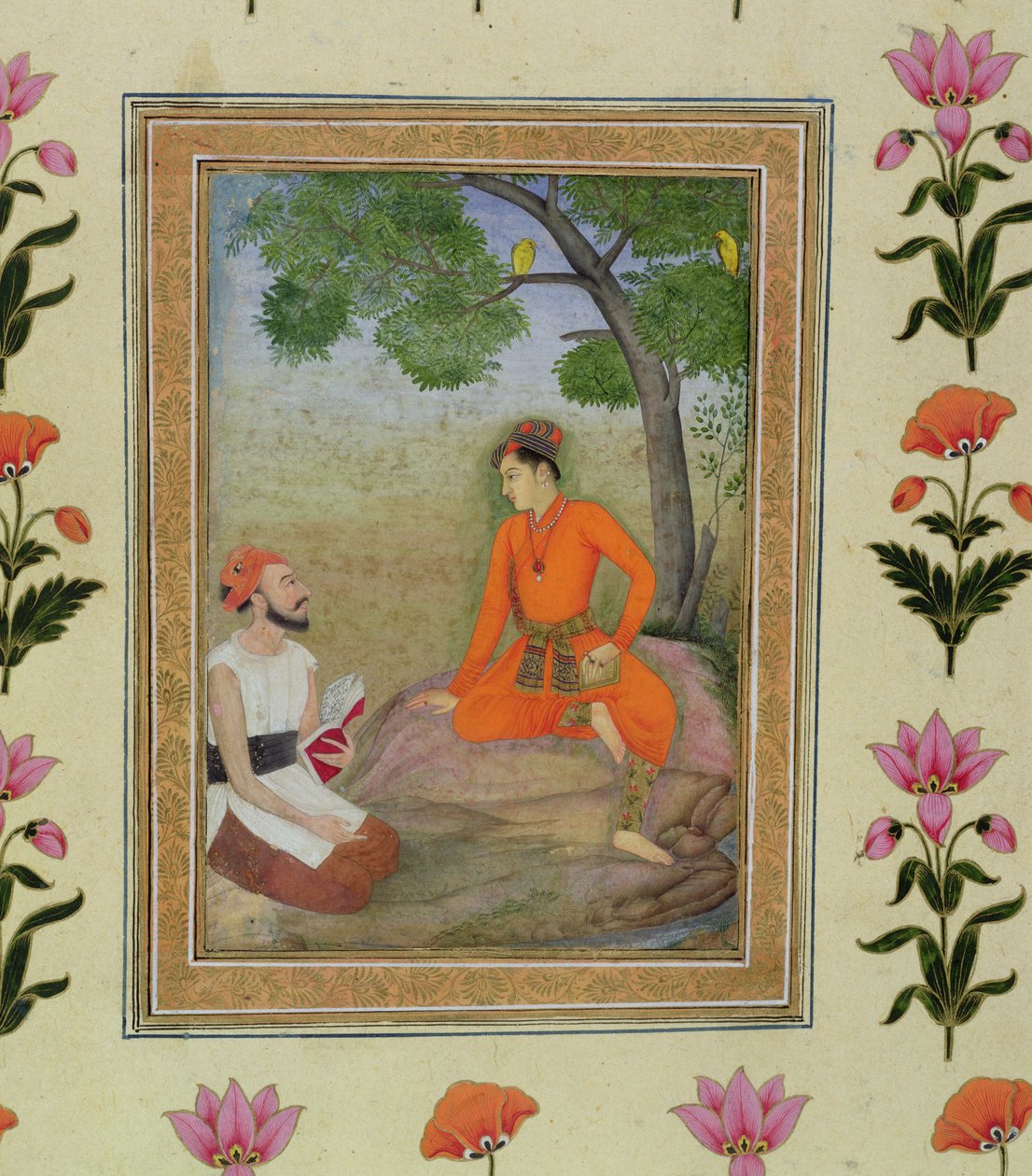 En prins i diskusjon med en religiøs mann som holder en bok, fra Small Clive Album av Mughal School