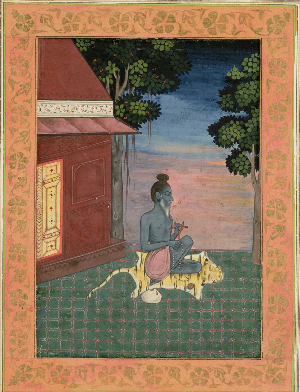 Eldre asketer som sitter på et tigerskinn utenfor en bygning, fra Large Clive Album, ca. 1670 av Mughal School