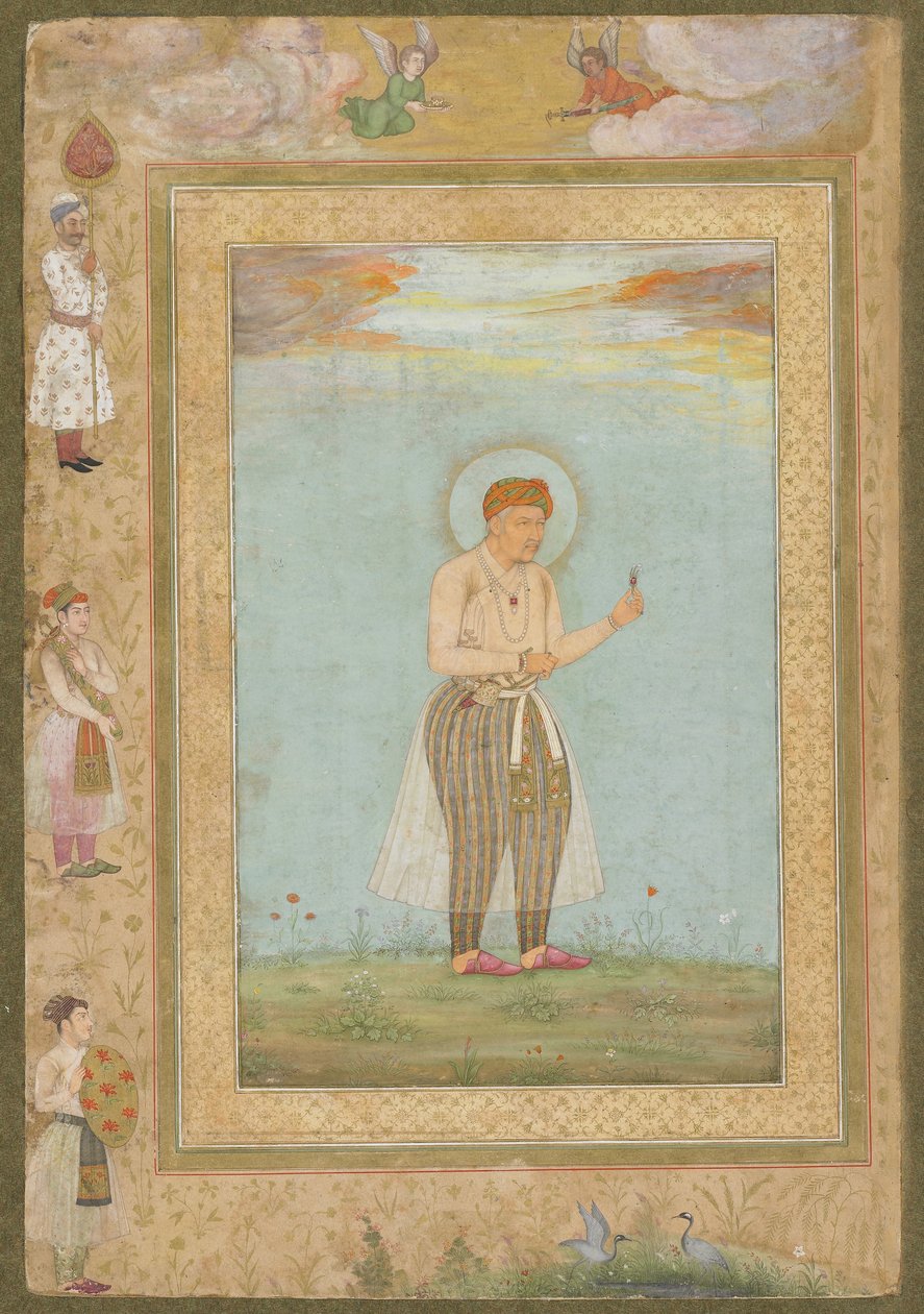 Akbar med en Sarpech, fra det sene Shahjahan-albumet, løsrevet manuskriptfolio, ca. 1650 av Mughal School