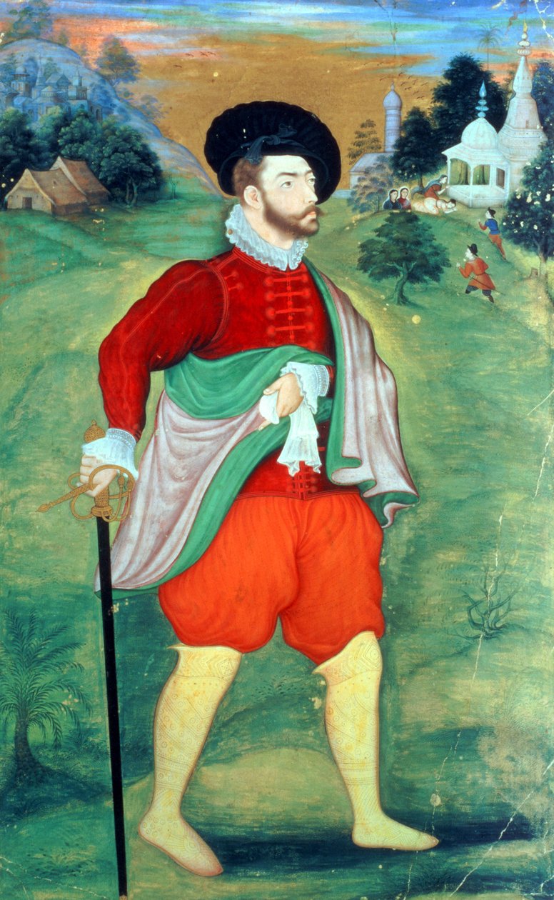 En europeer i India, ca. 1556-1605 (ugjennomsiktig akvarell og gull på papir) av Mughal School