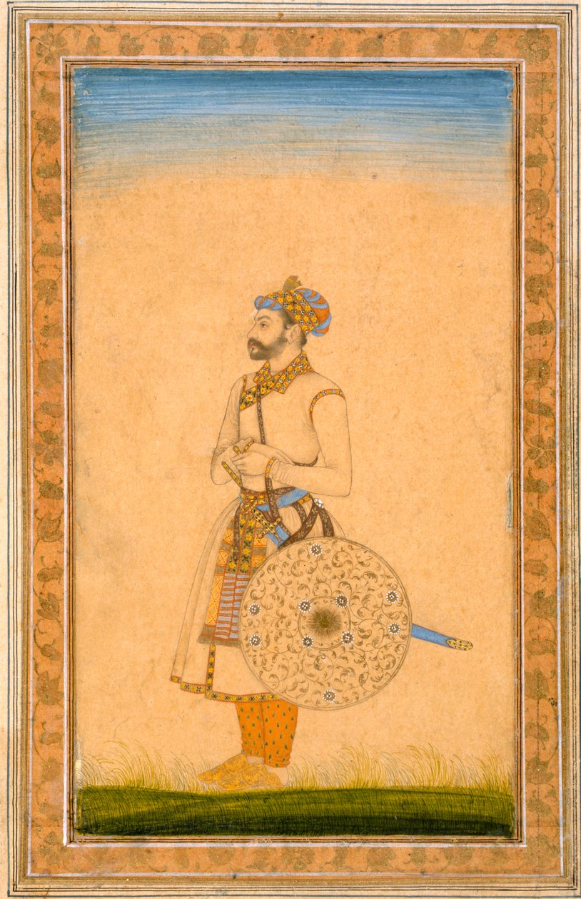 En offiser, stående, med sverd og skjold, fra Small Clive Album, ca. 1600 (ugjennomsiktig wc på papir) av Mughal School