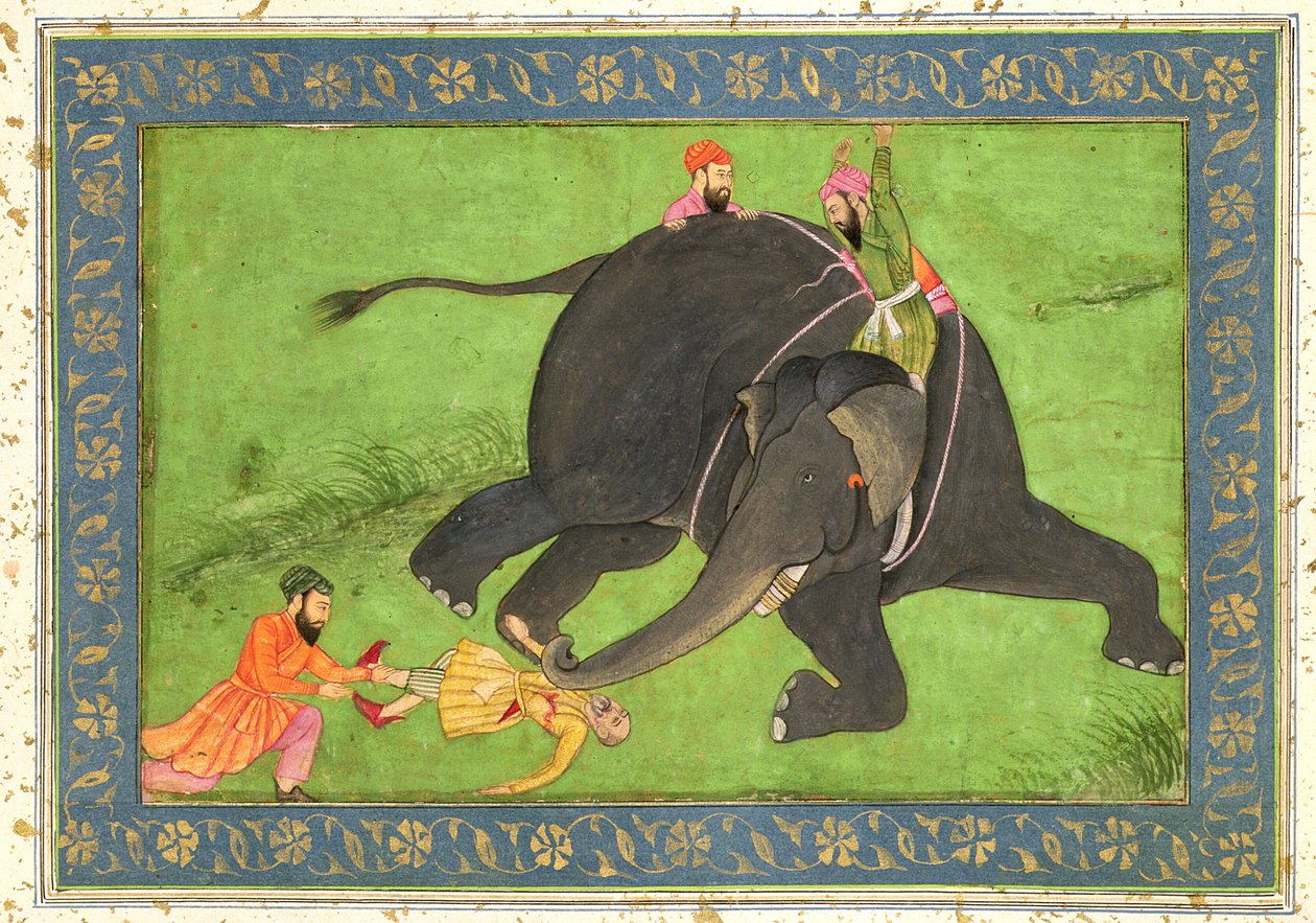 Ledere redder en falnet mann fra en rasende elefant, fra Large Clive Album av Mughal School