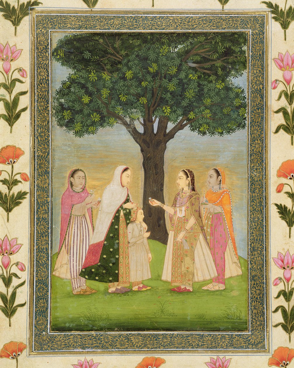 Four Ladies meet by a Tree, fra Small Clive Album (ugjennomsiktig wc på papir) av Mughal School