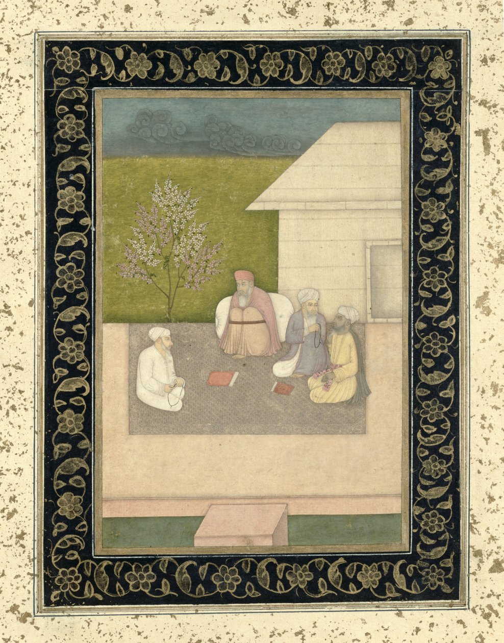 Fire muslimske hellige menn sitter i meditasjon utenfor en hytte, fra Large Clive Album av Mughal School