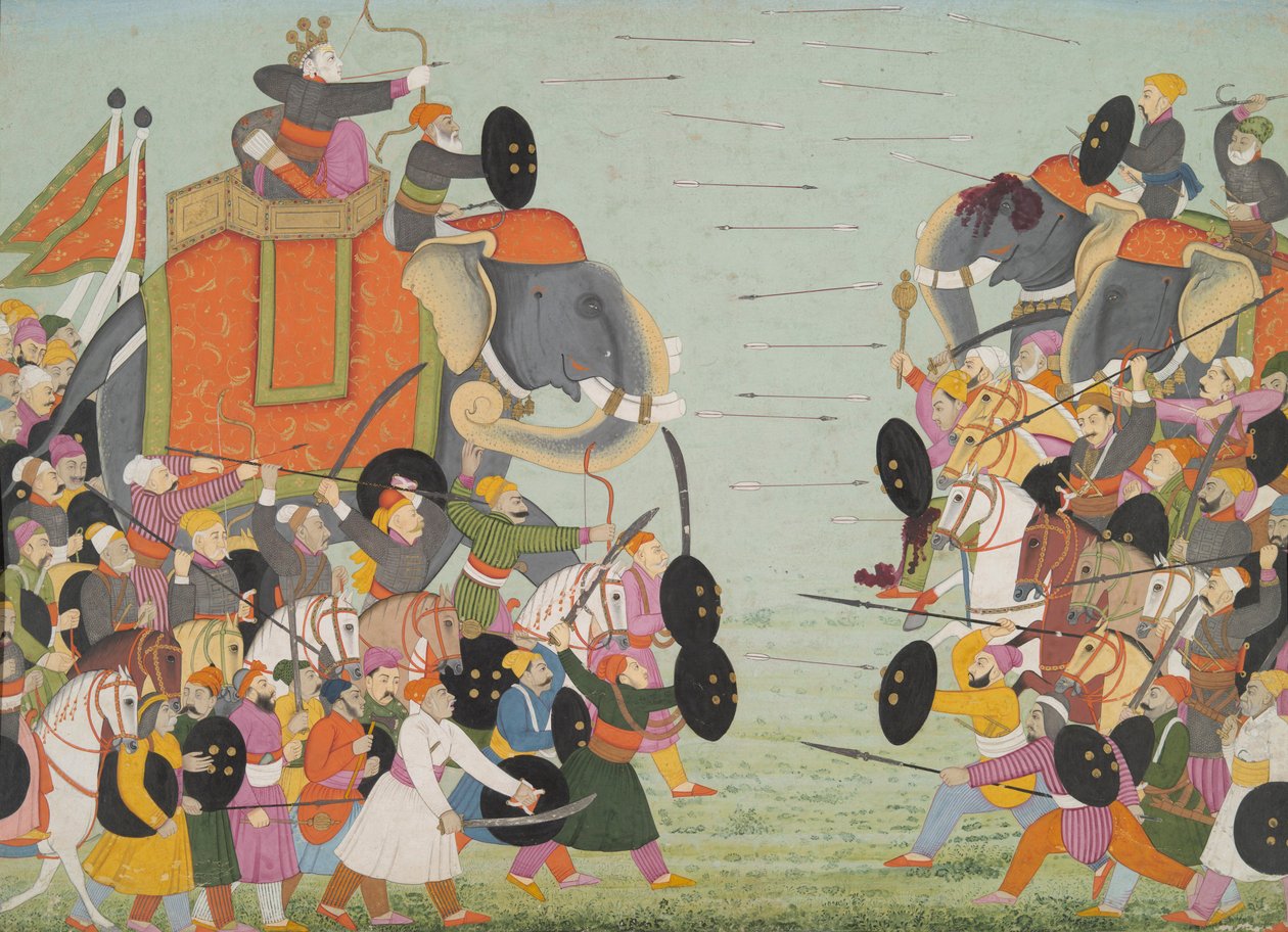 Illustrasjon fra en Bhagavata Purana-serie, bok 10, Battle Between Balarama and Jarasandha, 1760-65 (wc og gull på papir) av Mughal School