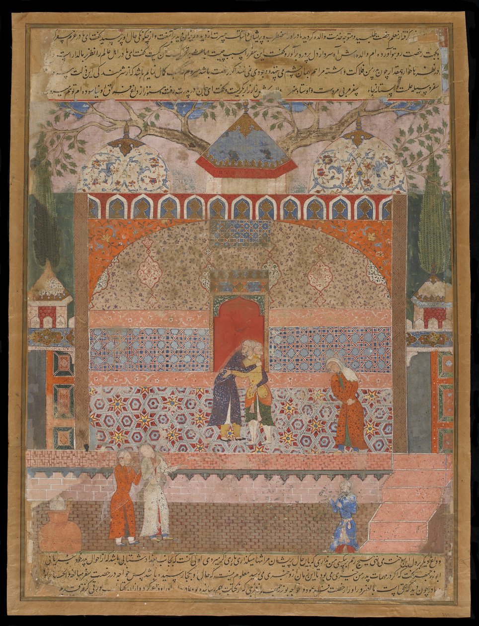 Khwaja Bozorgmehr tar avskjed med sin gamle mor for å gå ut i verden og søke oppreisning, fra Hamzanama, manuskriptfolio, ca. 1560-65 av Mughal School