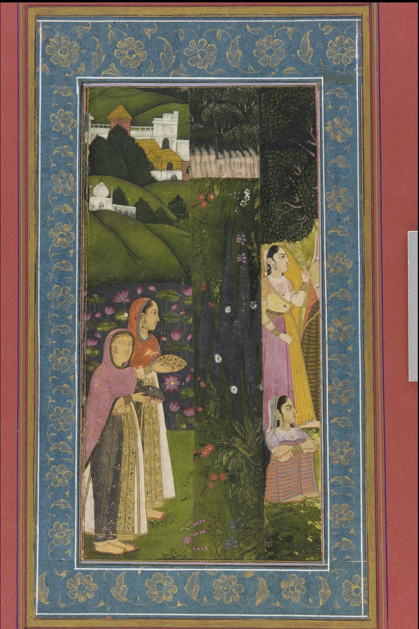 Ladies in a Garden, Albumfolio med maleri, sent på 1700-tallet av Mughal School