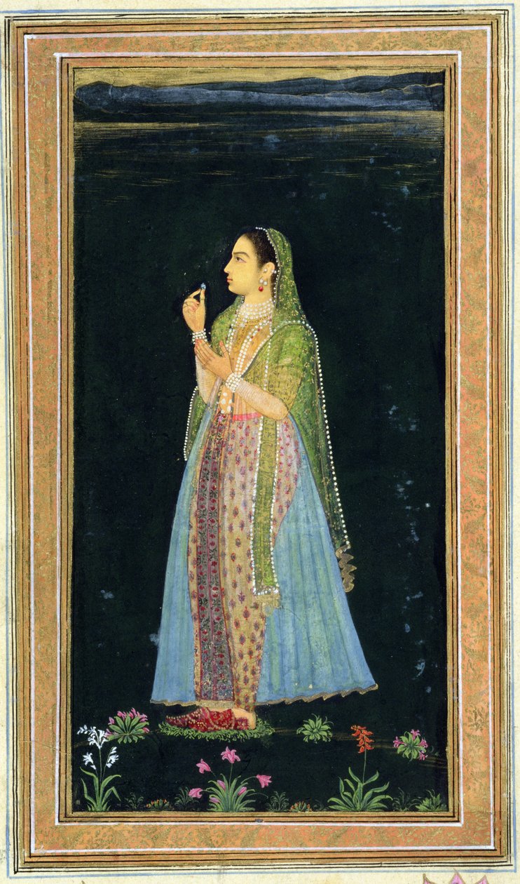Dame som holder en blomst, fra Small Clive Album (ugjennomsiktig wc på papir) av Mughal School