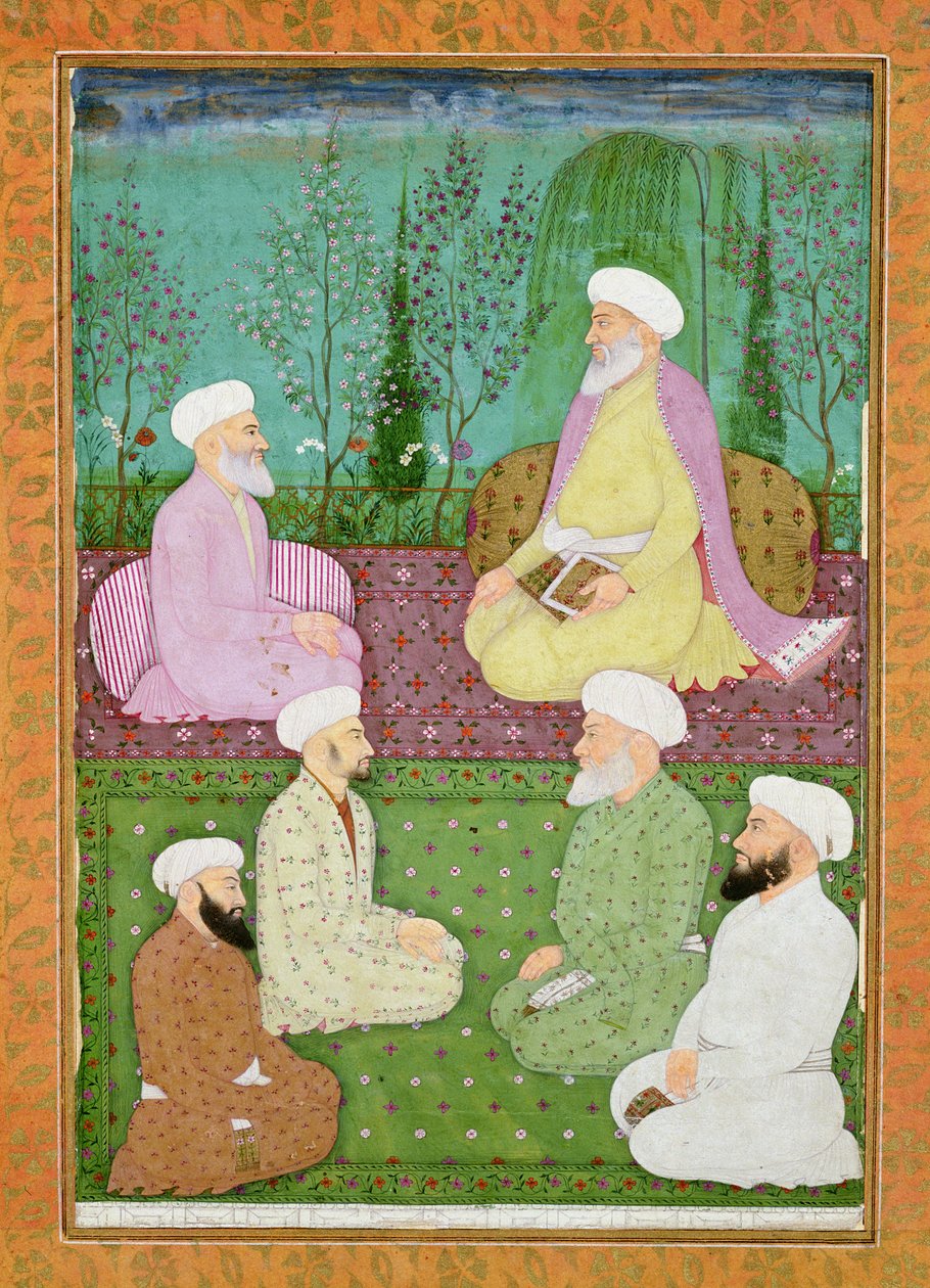 Seks muslimske hellige menn sitter på en hageterasse, fra Large Clive Album av Mughal School