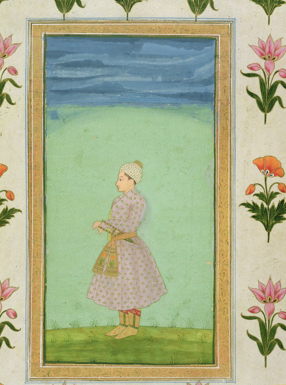 Stående figur av en gutt med en juvelbesatt dolk i rammen, fra Small Clive Album av Mughal School