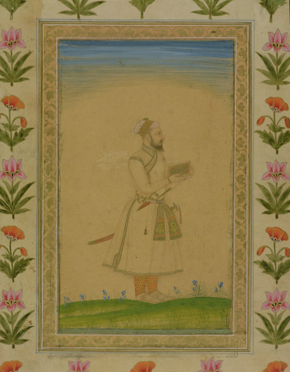 Stående figur av en adelsmann, holder en bok, fra Small Clive Album (ugjennomsiktig wc på papir) av Mughal School