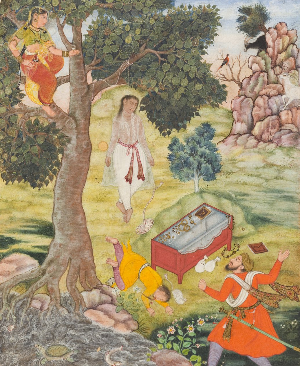 Tale of the Cunning Siddhikari, ca. 1590 (ugjennomsiktig akvarell, gull og blekk på papir) av Mughal School