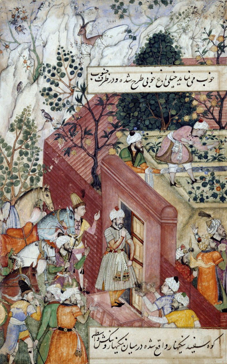 Mughal-keiseren Babur (r.1526-30) er i ferd med å oversjø anleggingen av en hage, ved hjelp av linjer, fra 