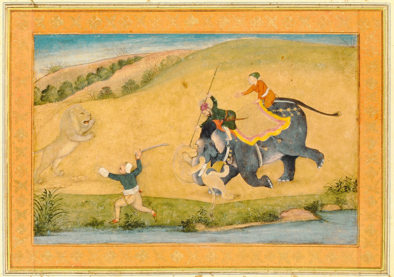 Tre menn på løvejakt, fra Large Clive Album av Mughal School