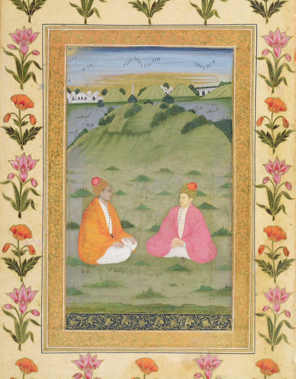 To adelsmenn som sitter i et landskap, fra Small Clive Album (ugjennomsiktig wc på papir) av Mughal School