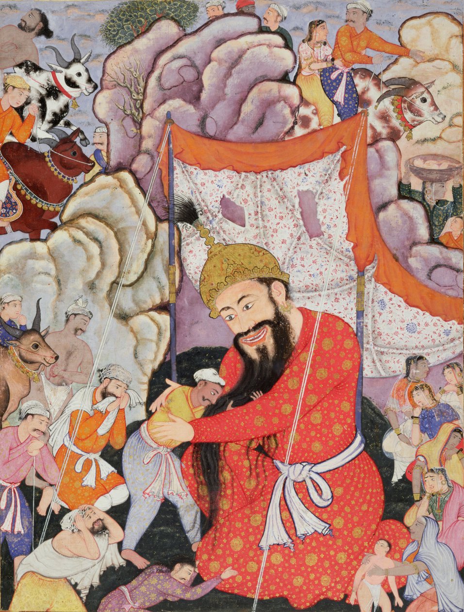 Zumurrud Shah når foten av et enormt fjell og får selskap av Raim Blood-Drinker og Yaqut Shining, 1557-72 (wc & bladgull på bomull) av Mughal School
