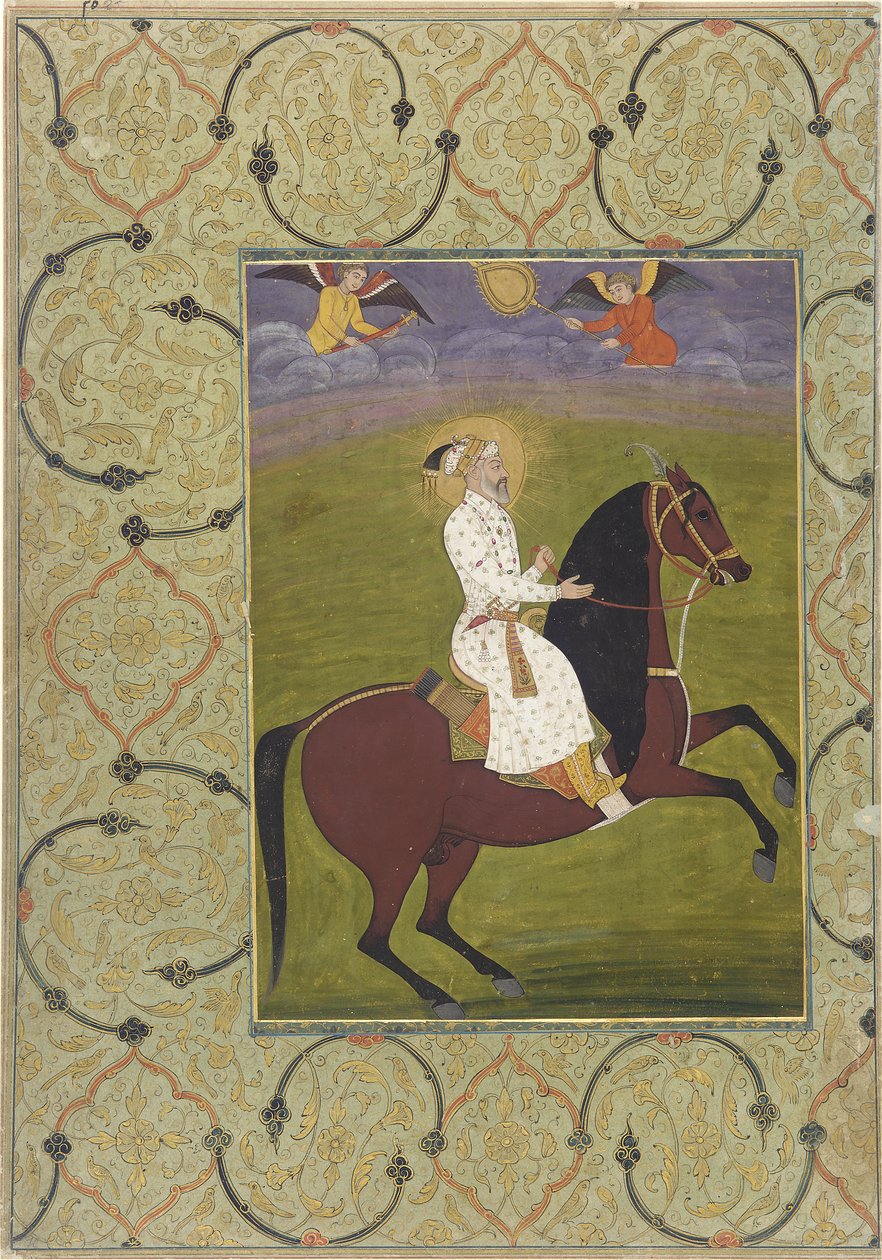 Rytterportrett av Shahjahan (r. 1628-58), løsrevet albumfolio, 1750-1770 (ugjennomsiktig akvarell på papir) av Mughal School