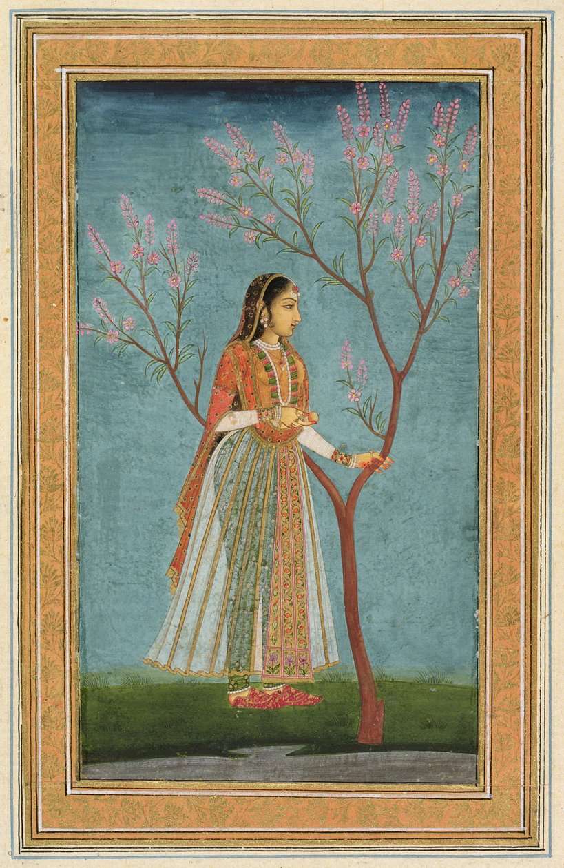 Dame som står ved et tre i blomst, fra Small Clive Album av Mughal School