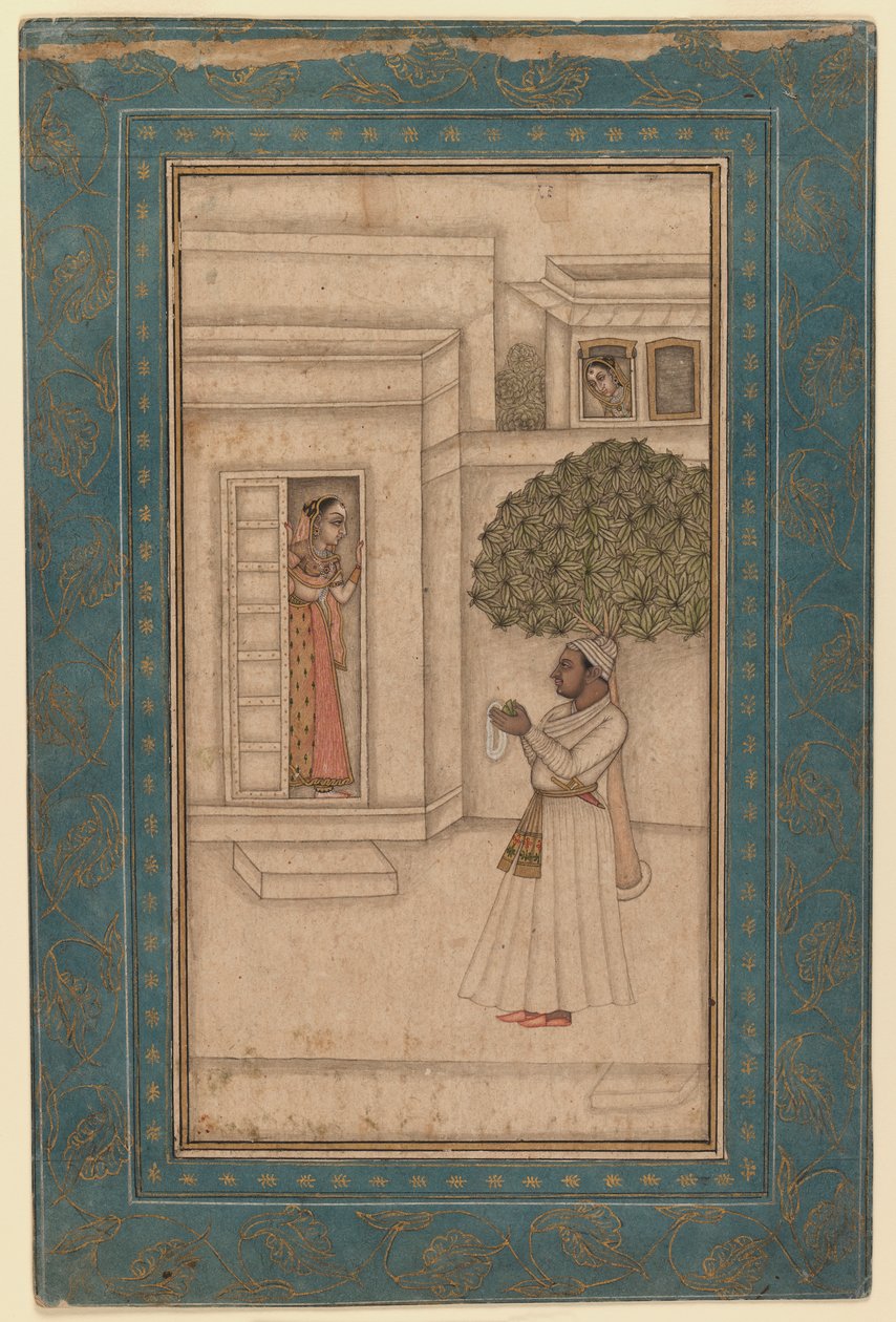 Prins og hans elskede i en hage, ca. 1760 (blekk og ugjennomsiktig wc på papir) av Mughal School