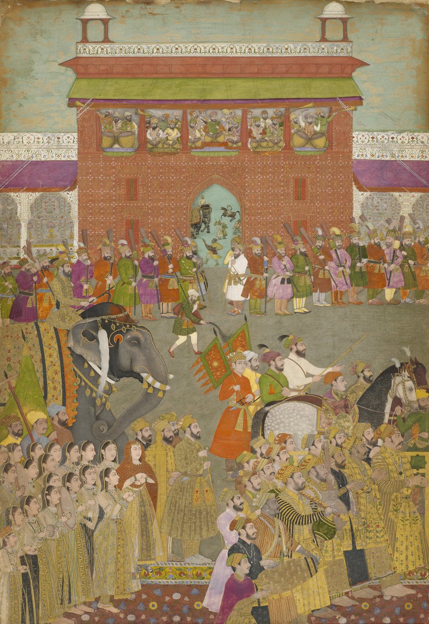 En prosesjonsscene med musikere, fra en kopi av Padshanama, Mughal-perioden, midten av 1600-tallet av Mughal School