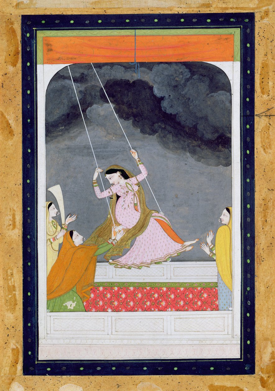 En dame på en huske, Kangra, Punjab hills ca. 1790 (ugjennomsiktig wc på papir) av Mughal School