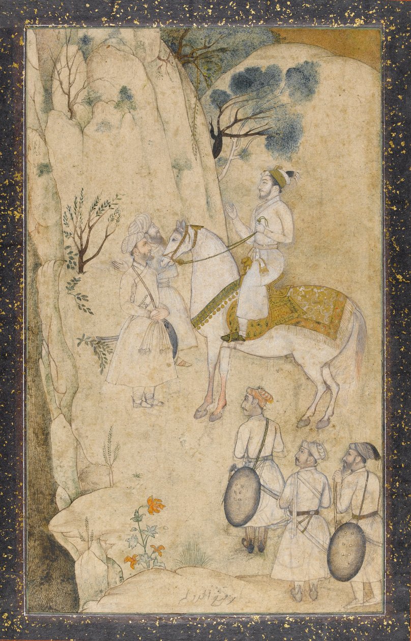 En prins på hesteryggen, med fem ledsagere, angående en foss (wc med penn og blekk, grafitt og gull på papir) av Mughal School