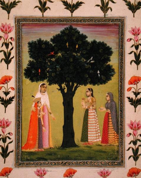 En prinsesse med sønnen møter to damer som tilbyr gaver, fra Small Clive Album (ugjennomsiktig akvarell på papir) av Mughal School