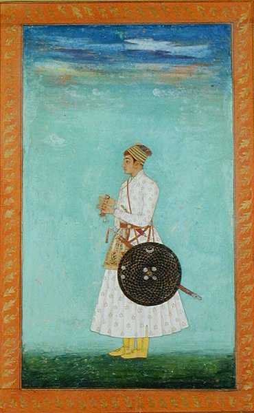 En ung adelsmann ved Mughal-domstolen som holder en forseglet brokadekonvolutt, ca. 1670-80, fra Large Clive Album (gouache på papir) av Mughal School