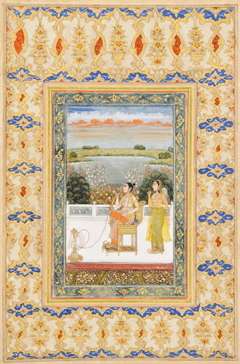 Albumside: Gulbadan Begum røyker på en terrasse, Delhi, ca. 1800 av Mughal School