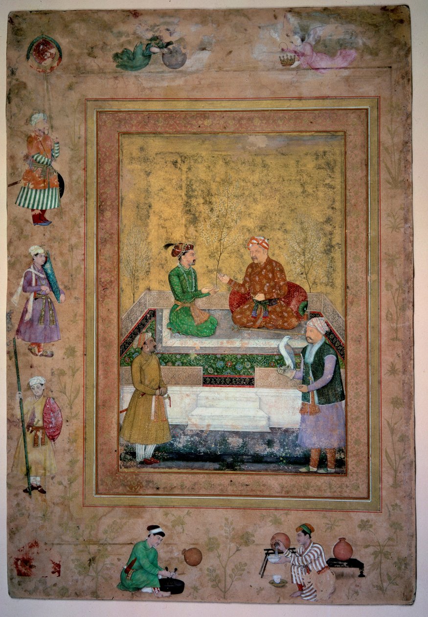 Art India: Akbar (1542-1605) og sønnen Jahangir (1569-1627). Gouache på papir 0,213 x 0,141m. Mongolsk skole av Mughal School