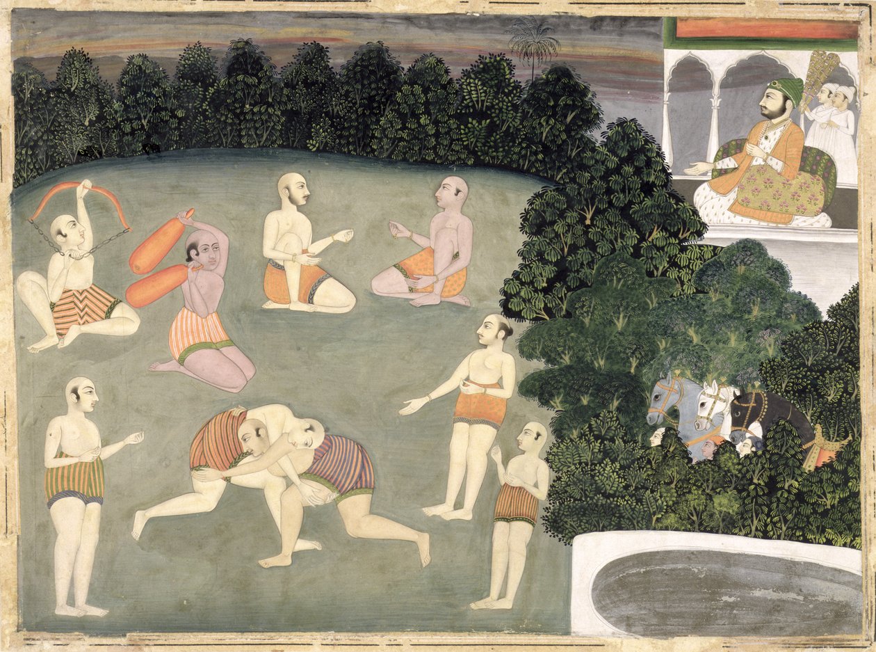 Idrettsutøvere opptrer foran en sittende adel, ca. 1760 (ugjennomsiktig wc på papir) av Mughal School