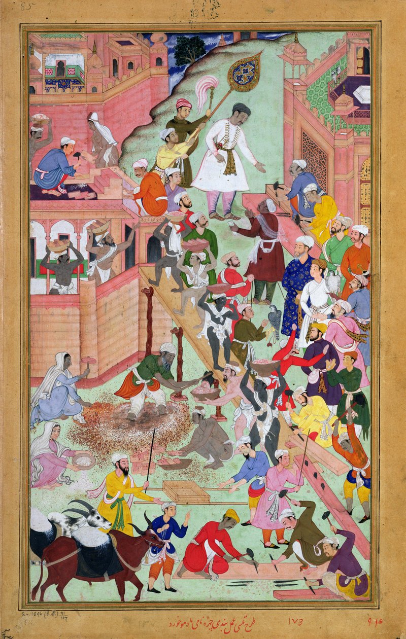 Keiser Akbar (r.1556-1605) inspiserer bygningsarbeidet ved Fatepur Sikri, by fullført 1584, fra Akbarnama, 1590-98 (ugjennomsiktig wc og gull på papir) av Mughal School