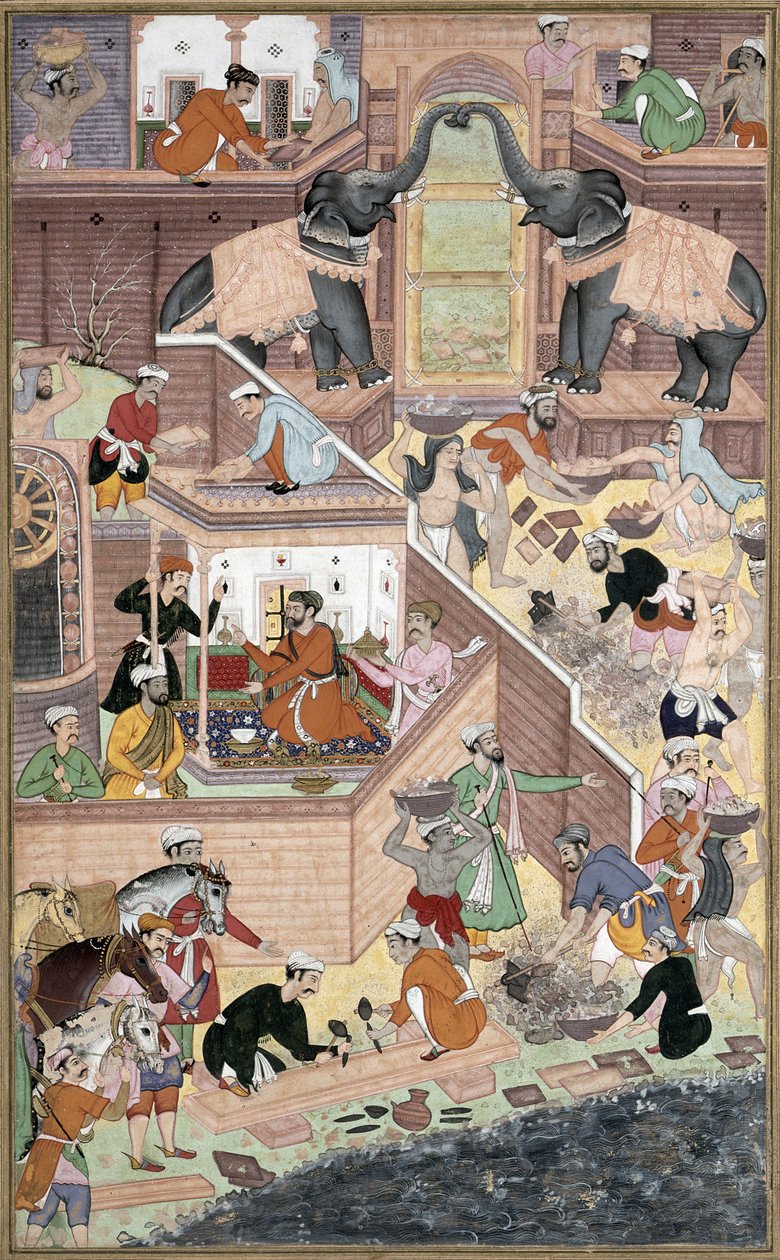 Keiser Akbar (r.1556-1605) inspiserer bygningsarbeidet ved Fatepur Sikri, fra Akbarnama laget av Abul Fazi, 1590-98 (ugjennomsiktig wc og gull på papir) av Mughal School