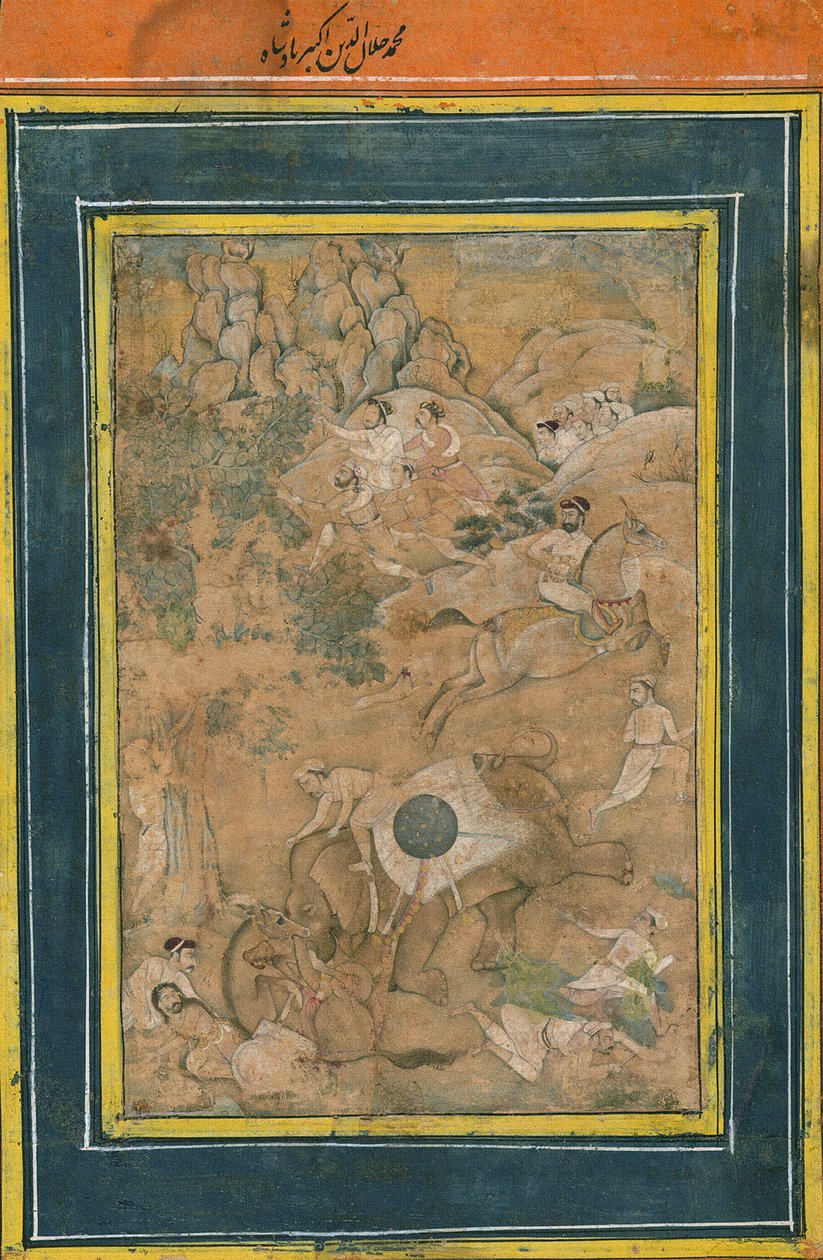 Keiser Akbar kontrollerer en elefant under en jakt, tidlig på 1600-tallet (ugjennomsiktig akvarell, gullmaling og blekk på papir) av Mughal School