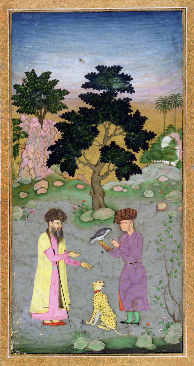 Falconer med ledsager og kjæledyrgepard, fra Small Clive Album, ca. 1610-15 (ugjennomsiktig wc på papir) av Mughal School