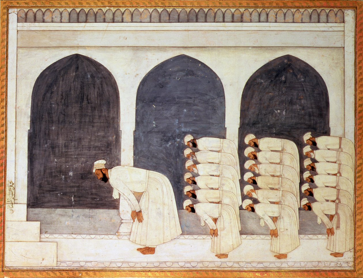 Folio.38a En mogul-prins i en moske som leder fredagsbønner fra det store Clive-albumet, Mughal, ca. 1720 av Mughal School