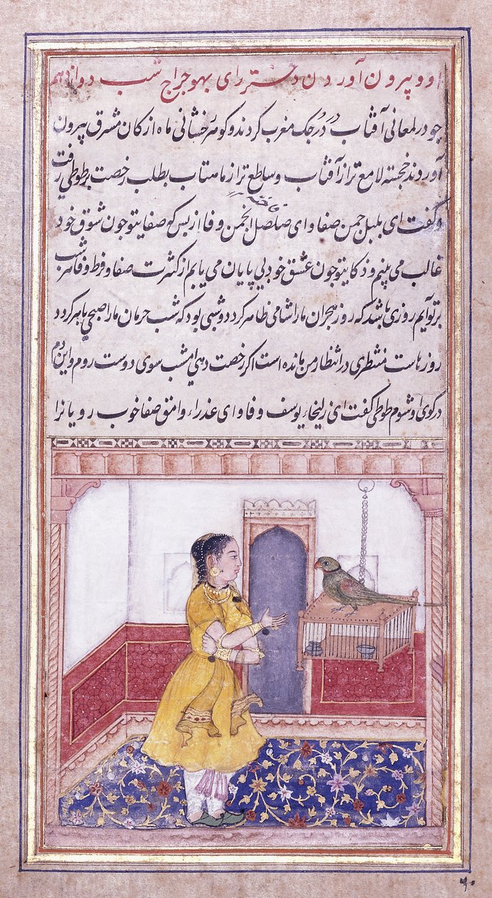 Khujista snakker med papegøyen, ca. 1580 av Mughal School