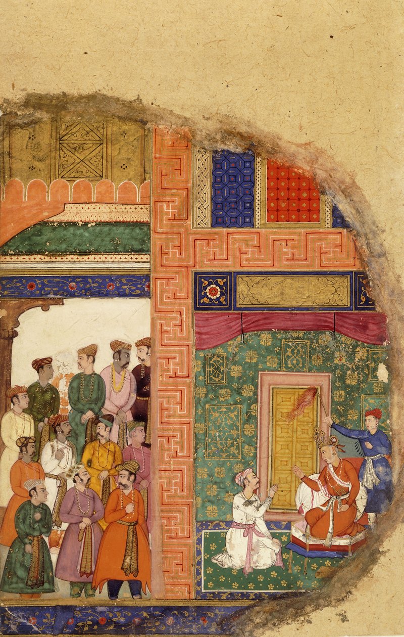 Kong Dasaratha samtaler med familiepresten om Ramas regentskap inne i palasset, mens hoffmenn og ministre venter på gårdsplassen, ca. 1595 av Mughal School
