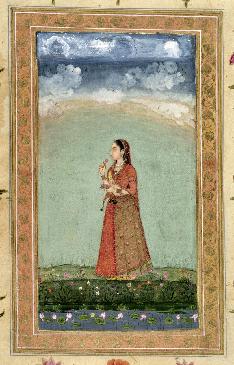 Dame som holder en skål med roser, fra Small Clive Album (ugjennomsiktig wc på papir) av Mughal School