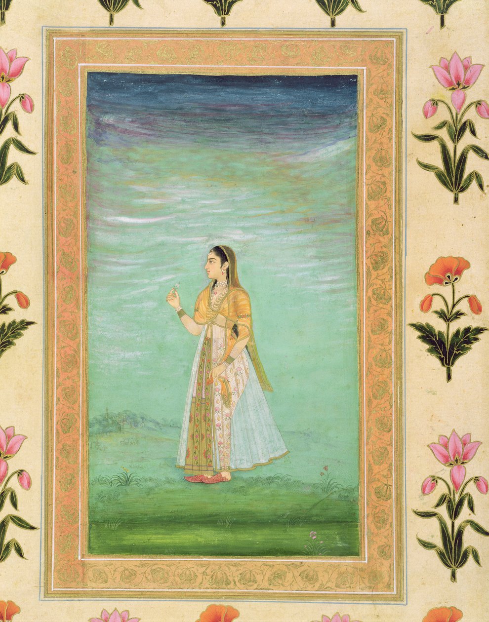 Dame som holder en blomst, fra Small Clive Album (ugjennomsiktig wc på papir) av Mughal School