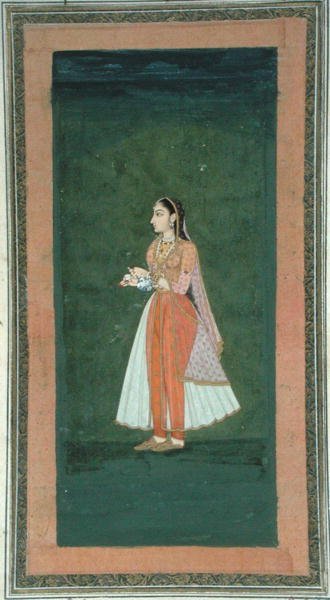 Dame som holder en vinkolbe og en kopp, fra Small Clive Album (ugjennomsiktig akvarell på papir) av Mughal School