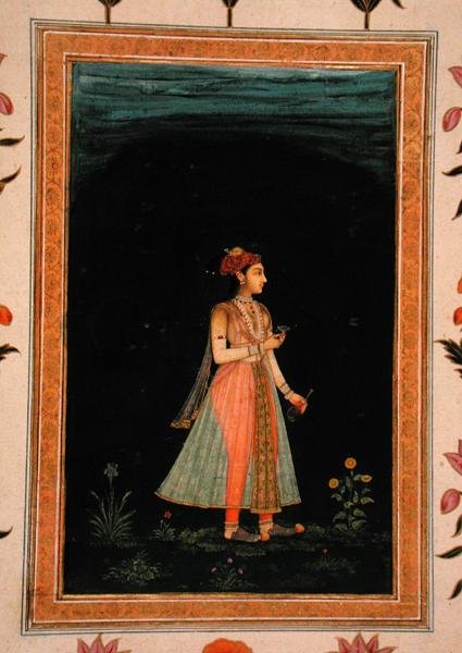 Dame som holder en vinkolbe og et glass om natten, fra Small Clive Album av Mughal School
