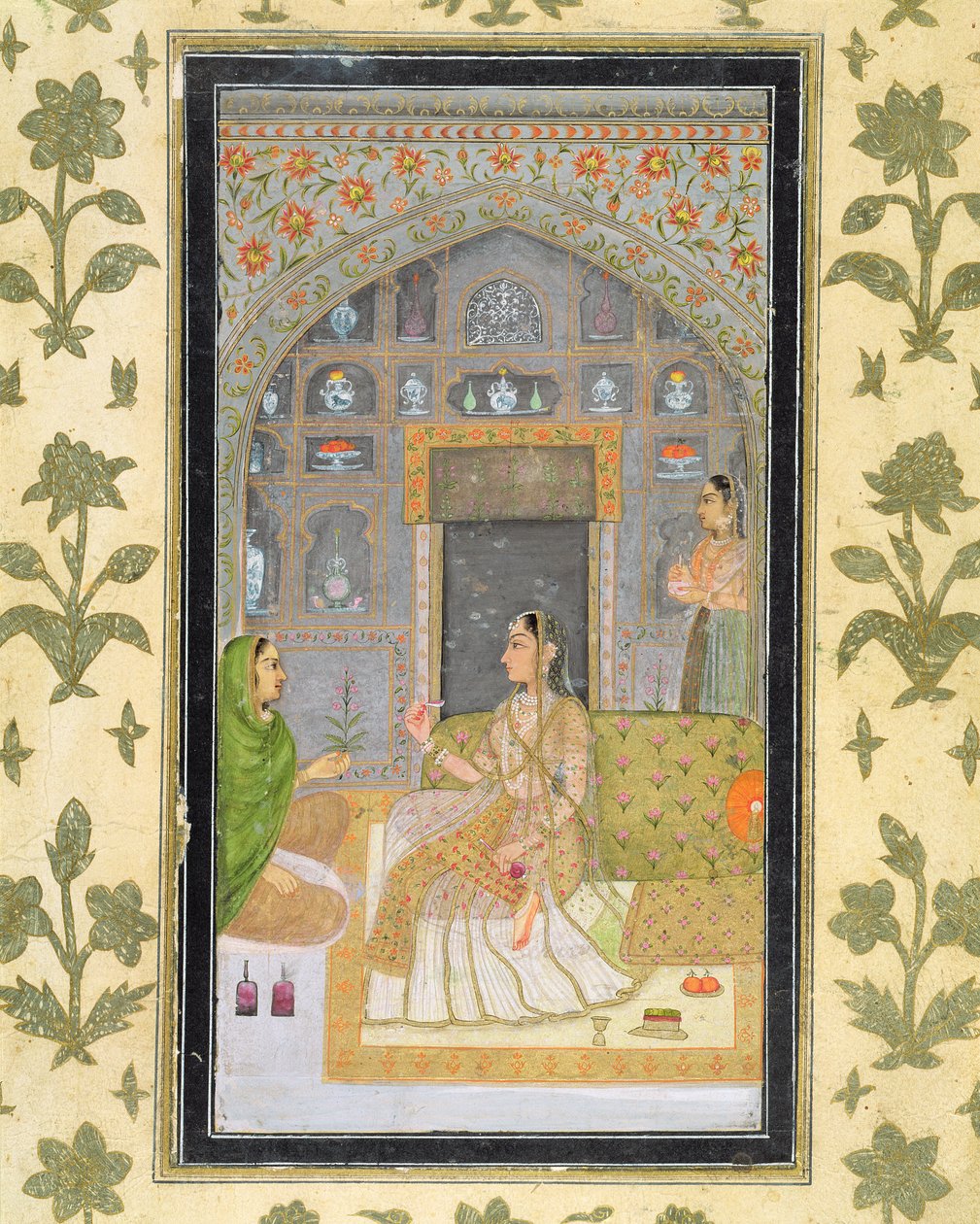 Dame som sitter i en paviljong med ledsagere, fra Small Clive Album (ugjennomsiktig wc på papir) av Mughal School