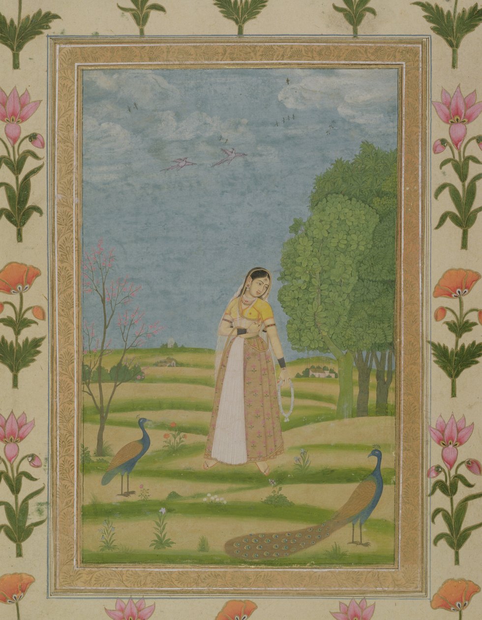 Dame med påfugler, fra Small Clive Album (ugjennomsiktig wc på papir) av Mughal School